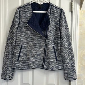 💙 Ann Taylor Blue & White Tweed Moto Jacket w/ Metallic Threads – Size 12 💙